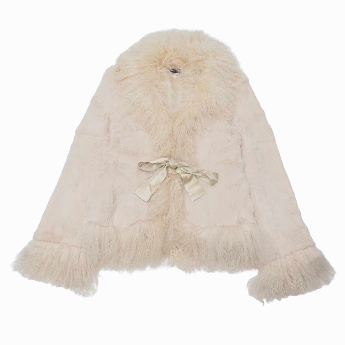 GS1611☆エムズグレイシー M'S GRACY ラビット ファーコート ファージャケット チベットラムファートリミング 本毛皮 ライトベージュ系 38_画像1