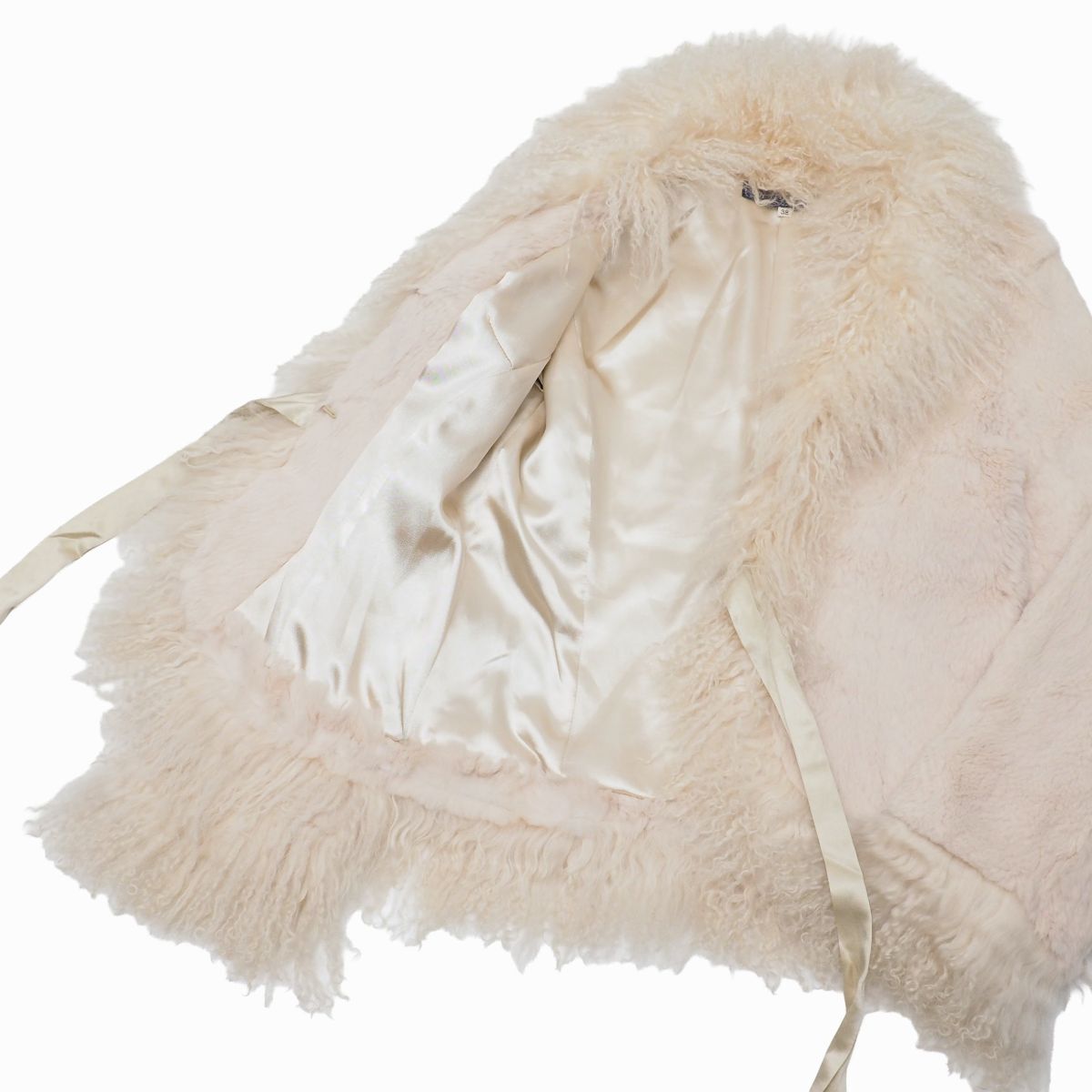 GS1611☆エムズグレイシー M'S GRACY ラビット ファーコート ファージャケット チベットラムファートリミング 本毛皮 ライトベージュ系 38_画像5