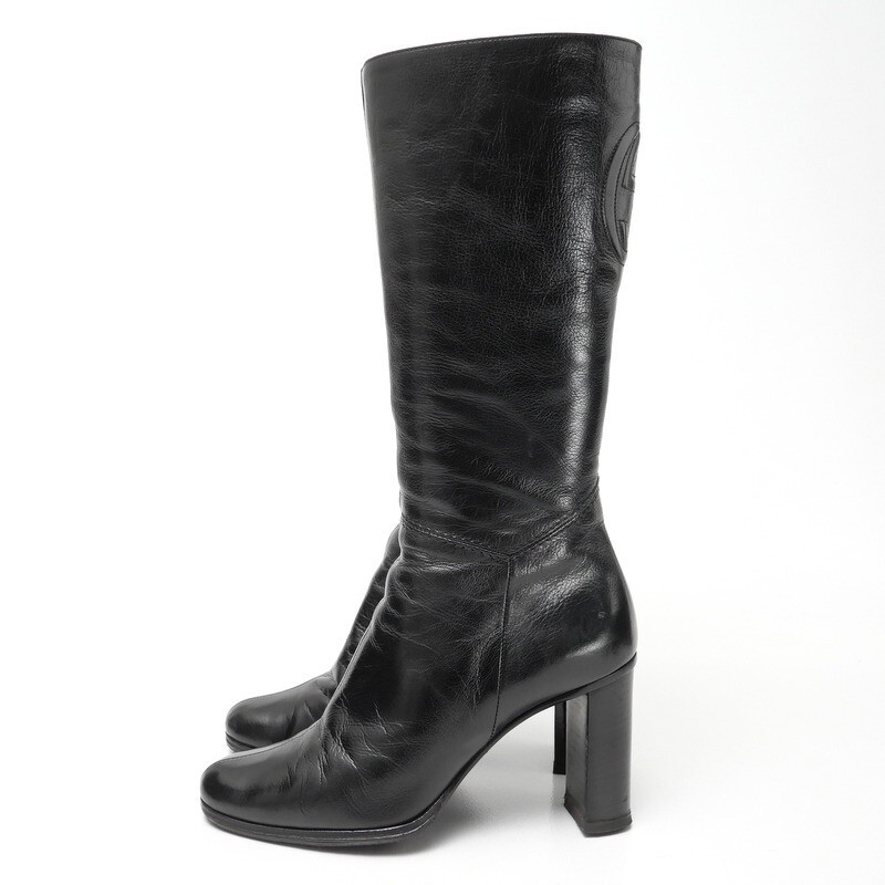 GS4123*イタリア製 GUCCI グッチ Size 36.5C ダブルG GGロゴ インターロッキング レザーロングブーツ サイドジップ 靴 ブラック_画像2