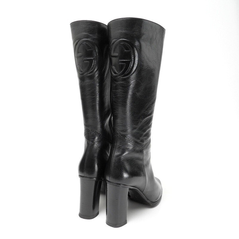GS4123*イタリア製 GUCCI グッチ Size 36.5C ダブルG GGロゴ インターロッキング レザーロングブーツ サイドジップ 靴 ブラック_画像3