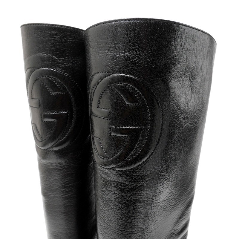 GS4123*イタリア製 GUCCI グッチ Size 36.5C ダブルG GGロゴ インターロッキング レザーロングブーツ サイドジップ 靴 ブラック_画像6