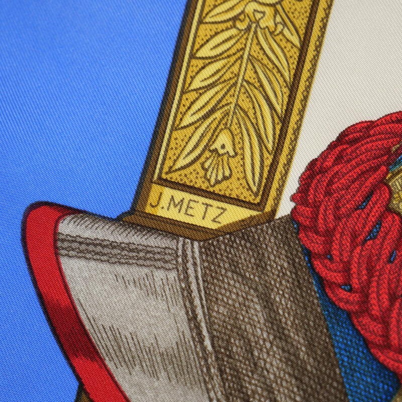 TJ5969*HERMES エルメス カレ90 GRAND UNIFORME 壮大な制服 大判シルクスカーフ ストール ブルー系_画像6