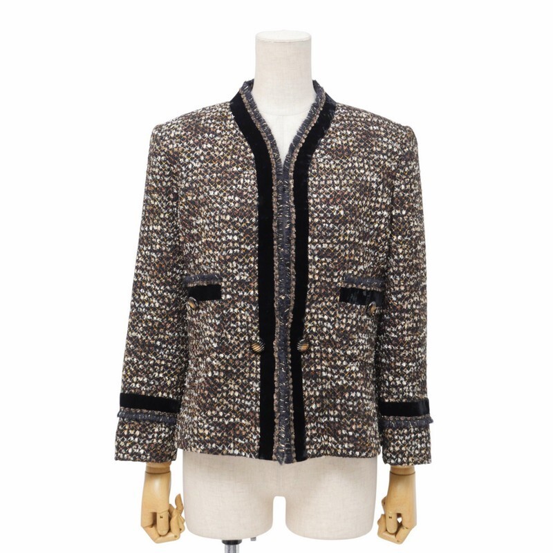 GR3360〇jun ashida ジュンアシダ*ラメ ツイード*ベルベットトリム*ノーカラージャケット*サイズ11*ブラック×ブラウン×アイボリー系_画像1