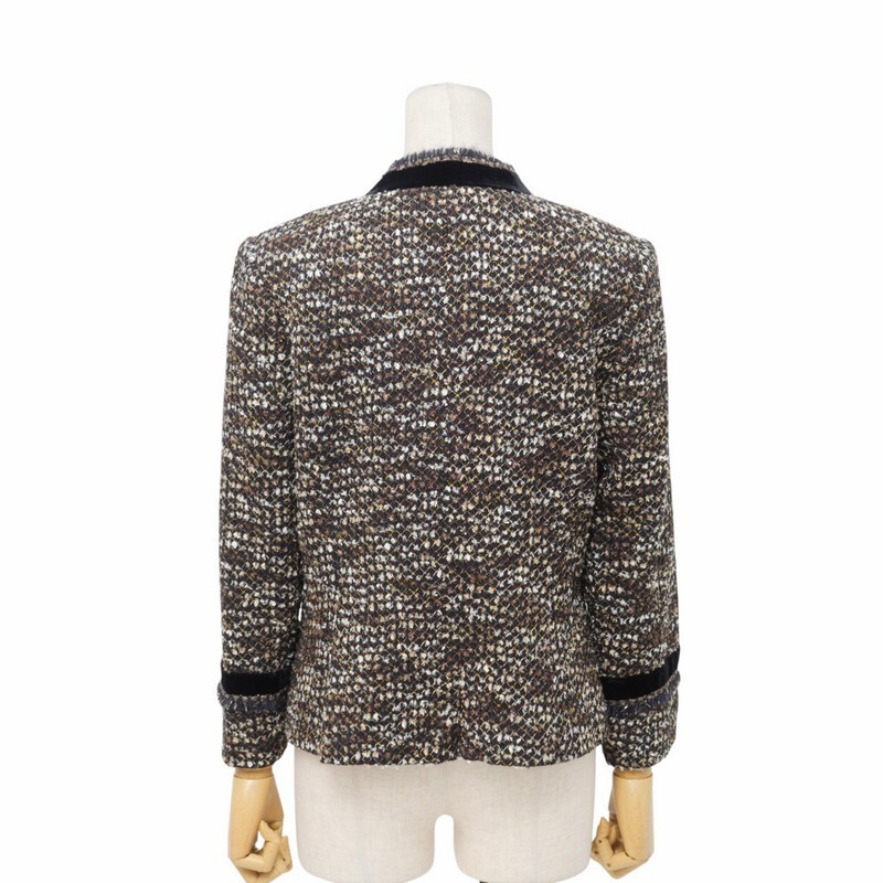 GR3360〇jun ashida ジュンアシダ*ラメ ツイード*ベルベットトリム*ノーカラージャケット*サイズ11*ブラック×ブラウン×アイボリー系_画像2