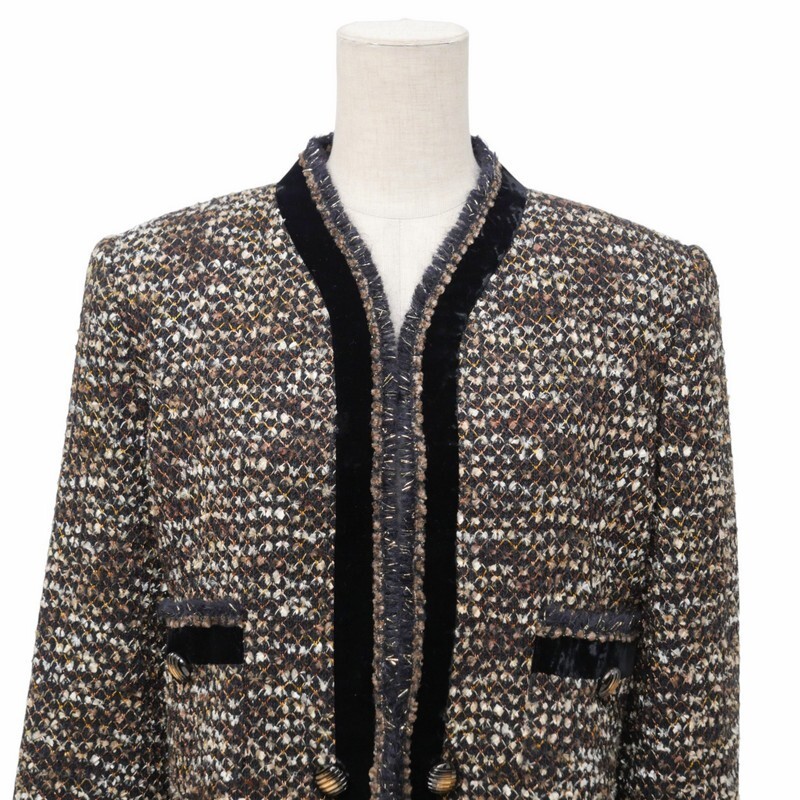 GR3360〇jun ashida ジュンアシダ*ラメ ツイード*ベルベットトリム*ノーカラージャケット*サイズ11*ブラック×ブラウン×アイボリー系_画像4