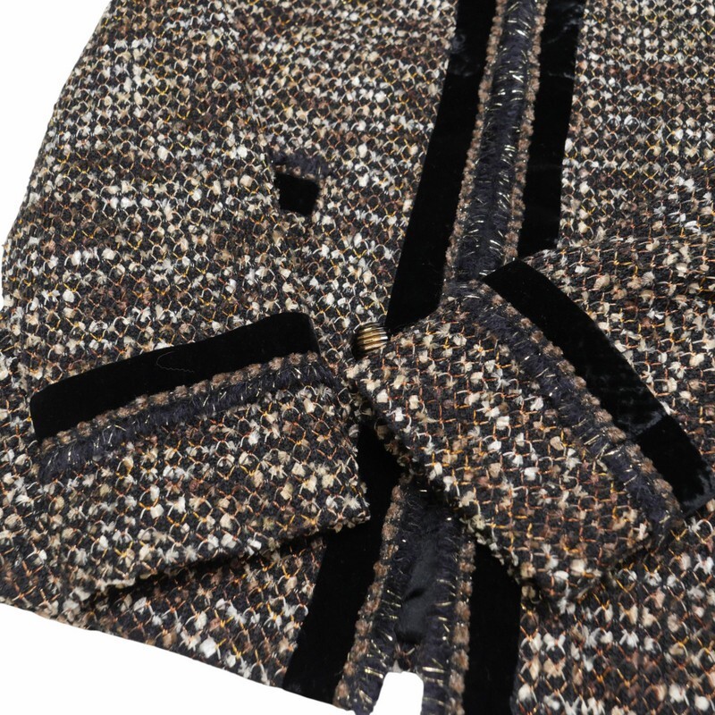 GR3360〇jun ashida ジュンアシダ*ラメ ツイード*ベルベットトリム*ノーカラージャケット*サイズ11*ブラック×ブラウン×アイボリー系_画像5