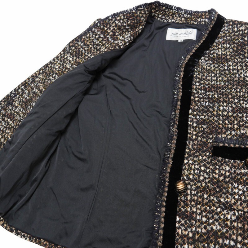 GR3360〇jun ashida ジュンアシダ*ラメ ツイード*ベルベットトリム*ノーカラージャケット*サイズ11*ブラック×ブラウン×アイボリー系_画像6