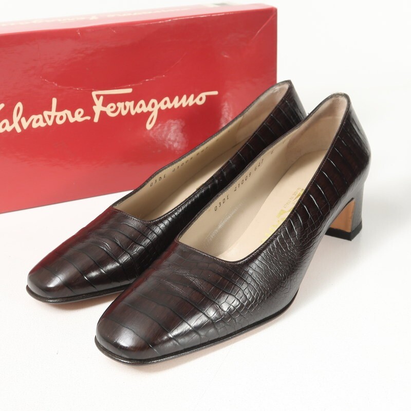 GS4994* Италия производства Salvatore Ferragamo 6C(23cm соответствует ) черный ko type вдавлено . кожа туфли-лодочки обувь обувь темно-коричневый серия 