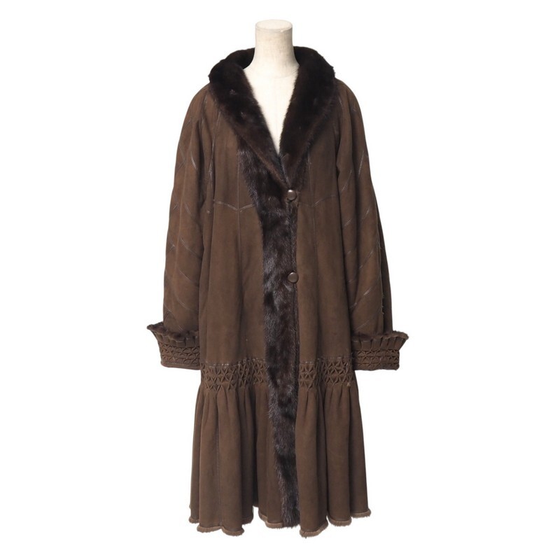 MI3368* двусторонний FOXEY Foxey норка flair меховое пальто A линия длинный длина замша кожа пальто чай M~L соответствует длина одежды : примерно 103cm