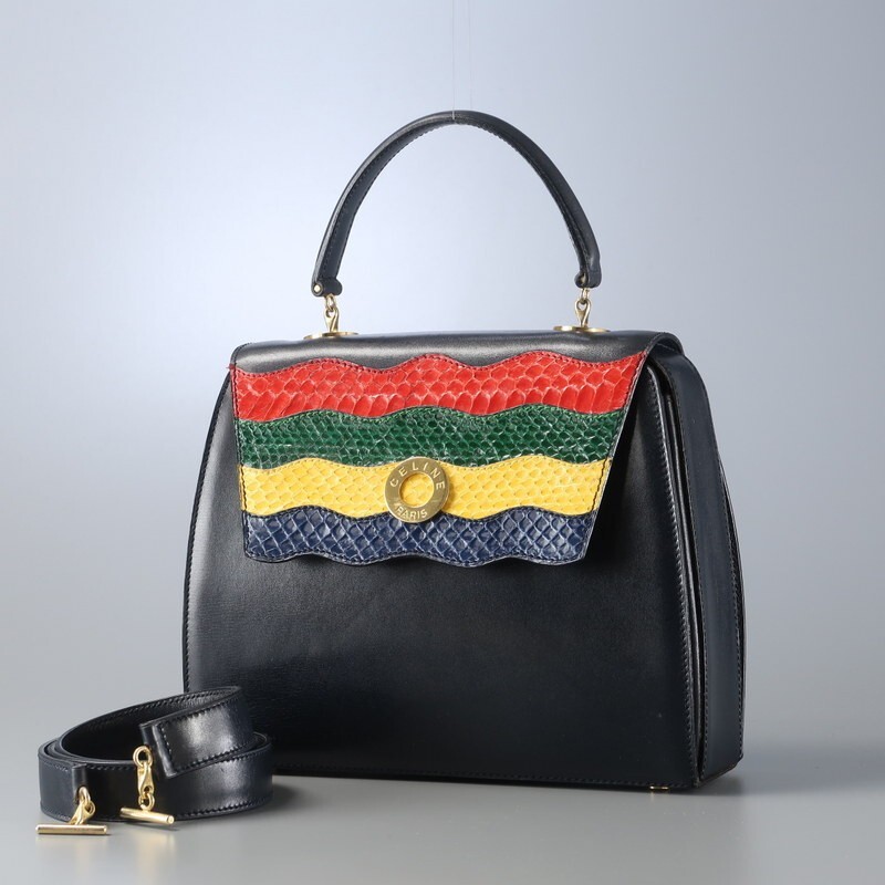 MI2301▼VINTAGE CELINE オールドセリーヌ イタリア製 レザー パイソンレザー切替 ハンドバッグ ショルダー付き 2way 鞄 ネイビー×マルチ_画像1