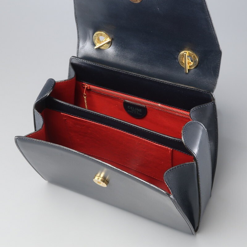 MI2301▼VINTAGE CELINE オールドセリーヌ イタリア製 レザー パイソンレザー切替 ハンドバッグ ショルダー付き 2way 鞄 ネイビー×マルチ_画像5