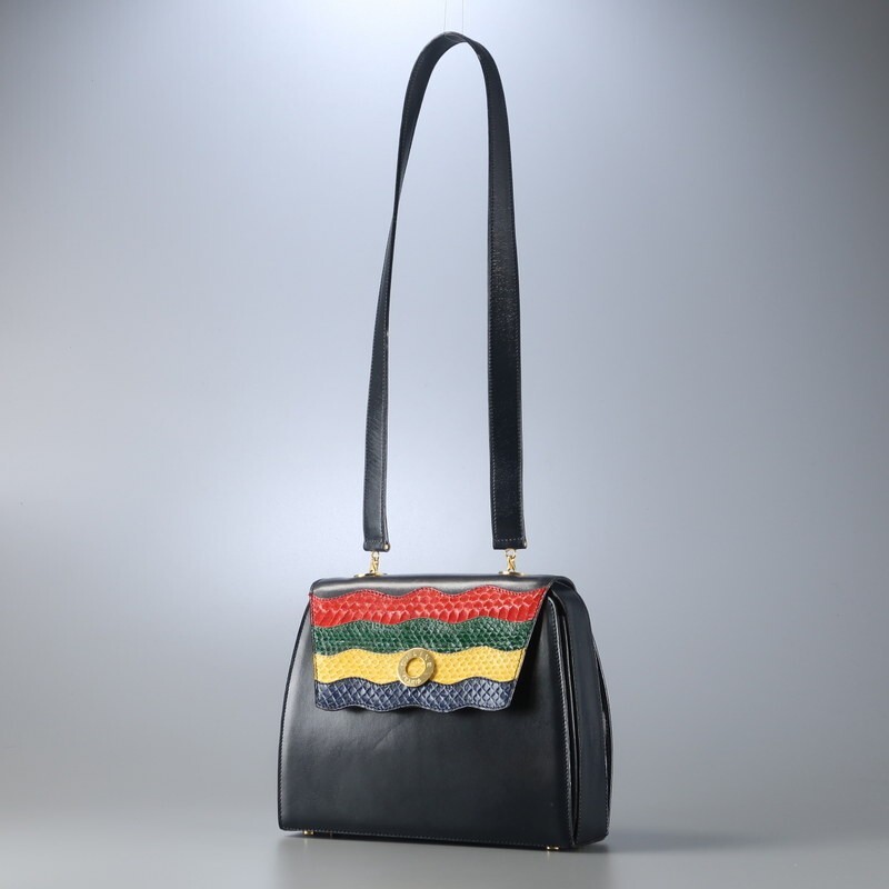 MI2301▼VINTAGE CELINE オールドセリーヌ イタリア製 レザー パイソンレザー切替 ハンドバッグ ショルダー付き 2way 鞄 ネイビー×マルチ_画像6