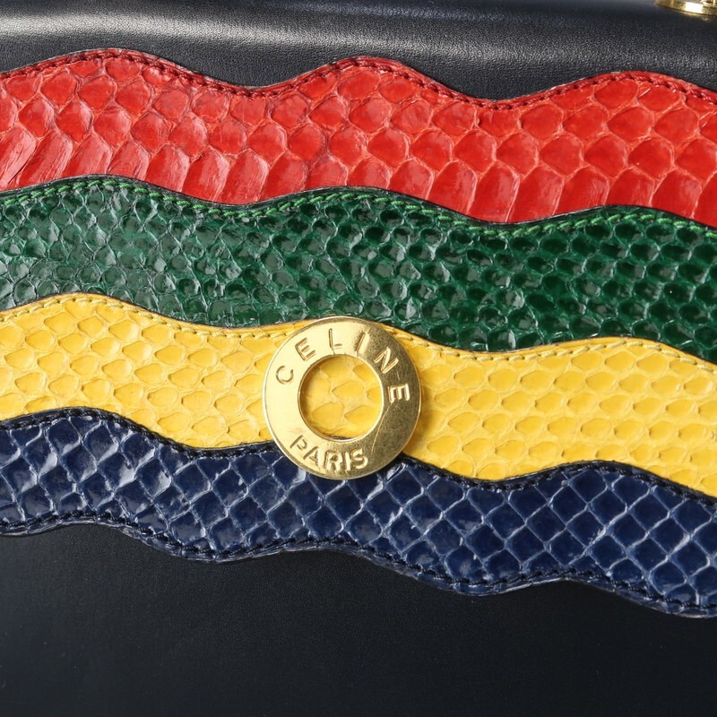 MI2301▼VINTAGE CELINE オールドセリーヌ イタリア製 レザー パイソンレザー切替 ハンドバッグ ショルダー付き 2way 鞄 ネイビー×マルチ_画像7