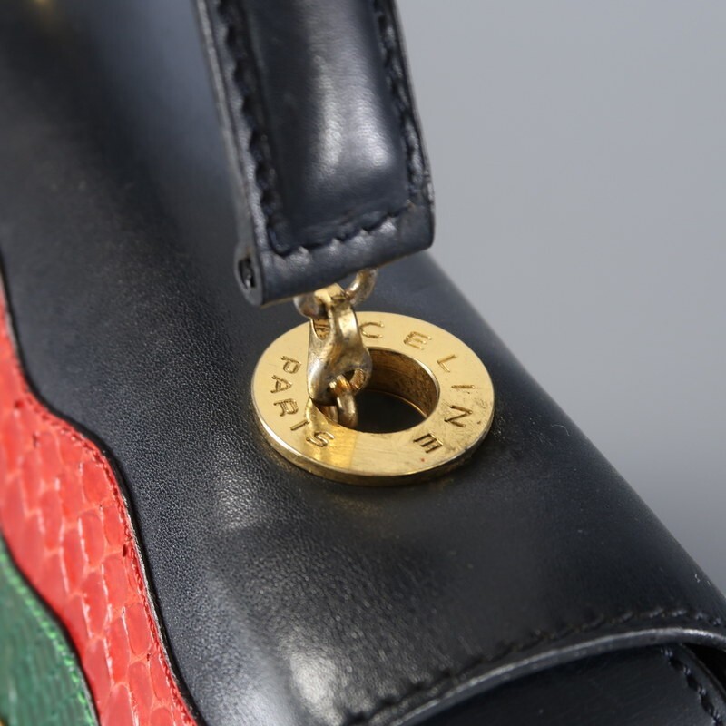 MI2301▼VINTAGE CELINE オールドセリーヌ イタリア製 レザー パイソンレザー切替 ハンドバッグ ショルダー付き 2way 鞄 ネイビー×マルチ_画像8