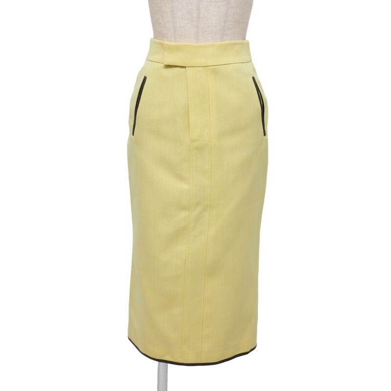 TJ7086★ebure エブール ウール100％ エコレザートリム 膝下丈 タイトスカート イエロー サイズ34 日本製_画像1