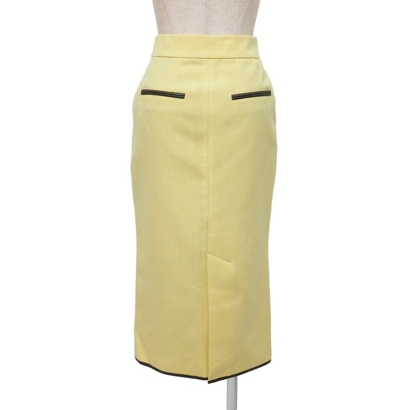 TJ7086★ebure エブール ウール100％ エコレザートリム 膝下丈 タイトスカート イエロー サイズ34 日本製_画像2