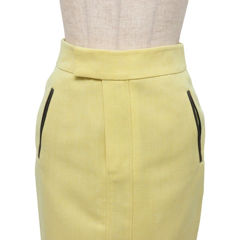 TJ7086★ebure エブール ウール100％ エコレザートリム 膝下丈 タイトスカート イエロー サイズ34 日本製_画像3