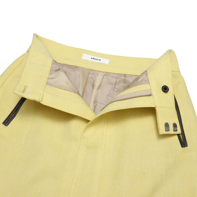 TJ7086★ebure エブール ウール100％ エコレザートリム 膝下丈 タイトスカート イエロー サイズ34 日本製_画像4