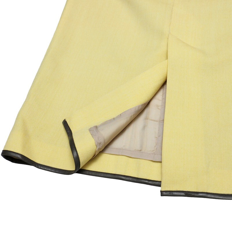 TJ7086★ebure エブール ウール100％ エコレザートリム 膝下丈 タイトスカート イエロー サイズ34 日本製_画像5