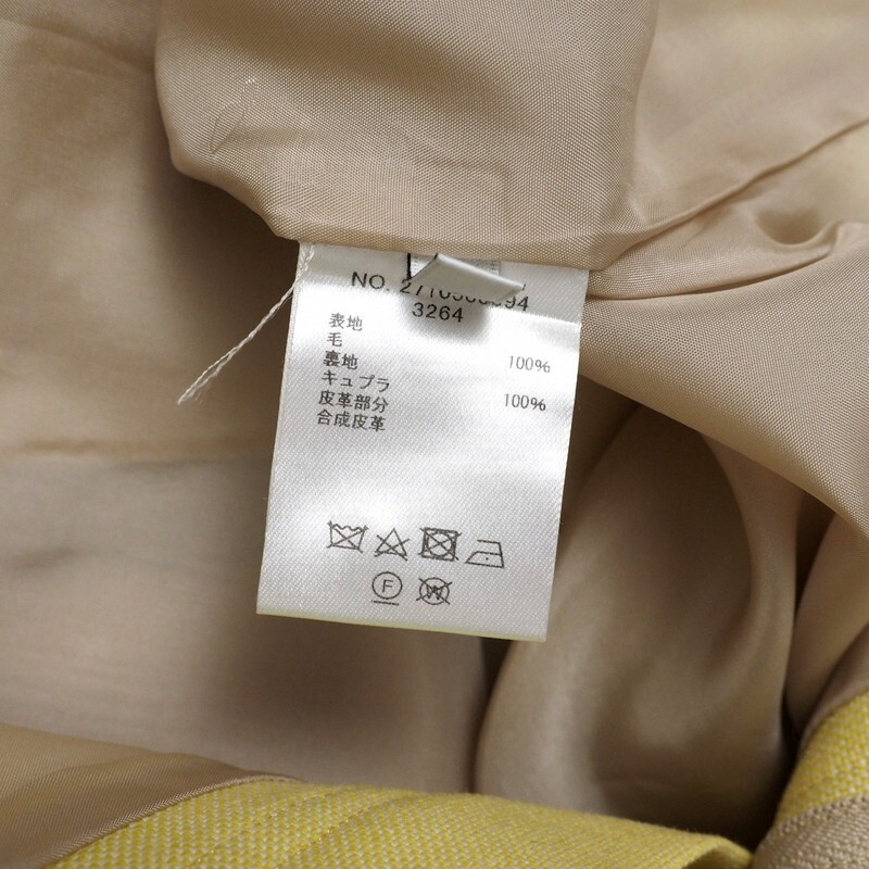 TJ7086★ebure エブール ウール100％ エコレザートリム 膝下丈 タイトスカート イエロー サイズ34 日本製_画像7