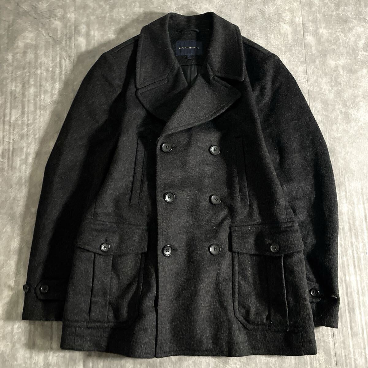 【極美品】米発の高品質カジュアルを感じる一着 BANANA REPUBLIC バナナリパブリック Pコート チャコール 黒 メンズ Lサイズ 上質メルトン_画像7