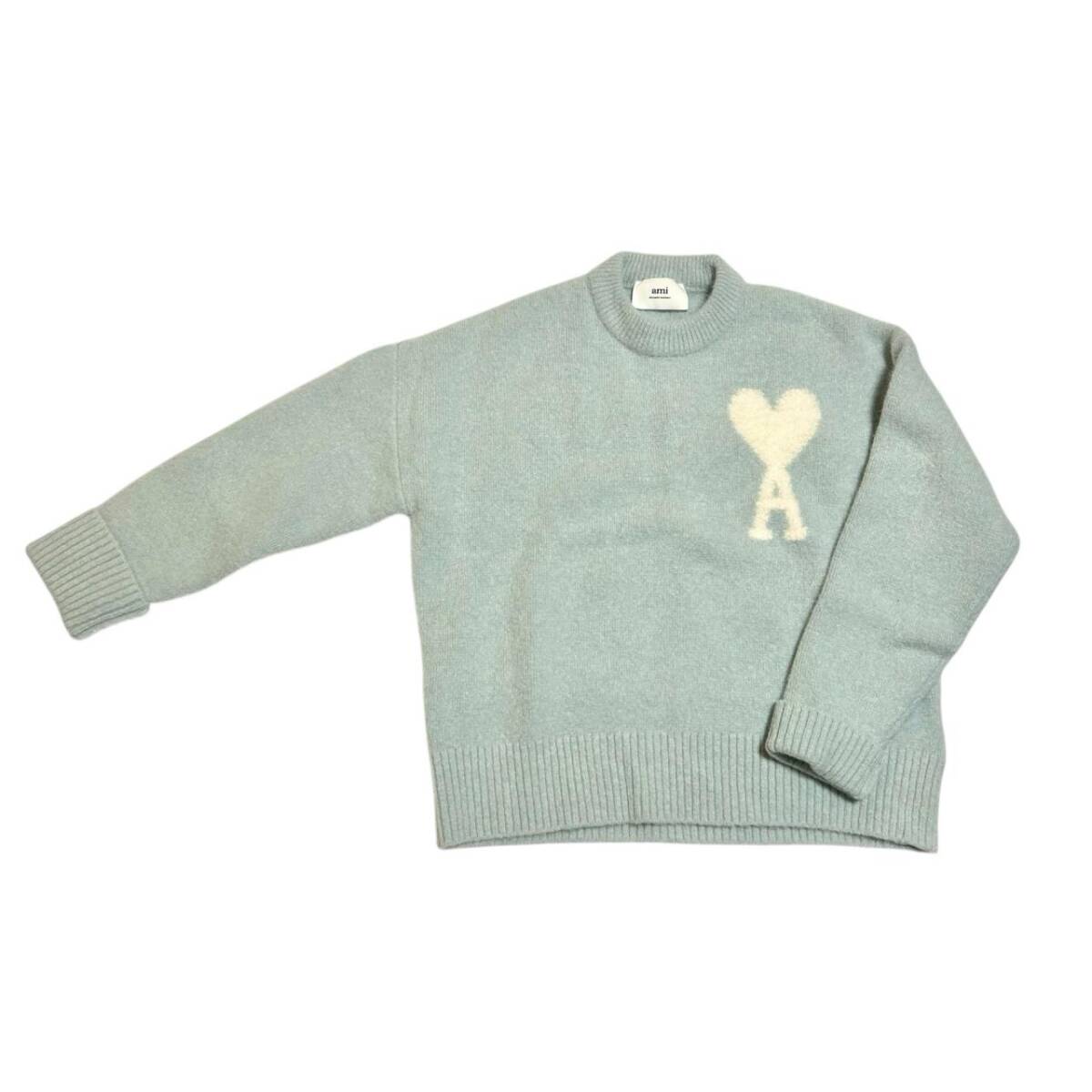 AMI paris アミパリス アミアレクサンドルマテュッシ ニット セーター ハートロゴ アルパカ ウール サックスブルー系 XS_画像1