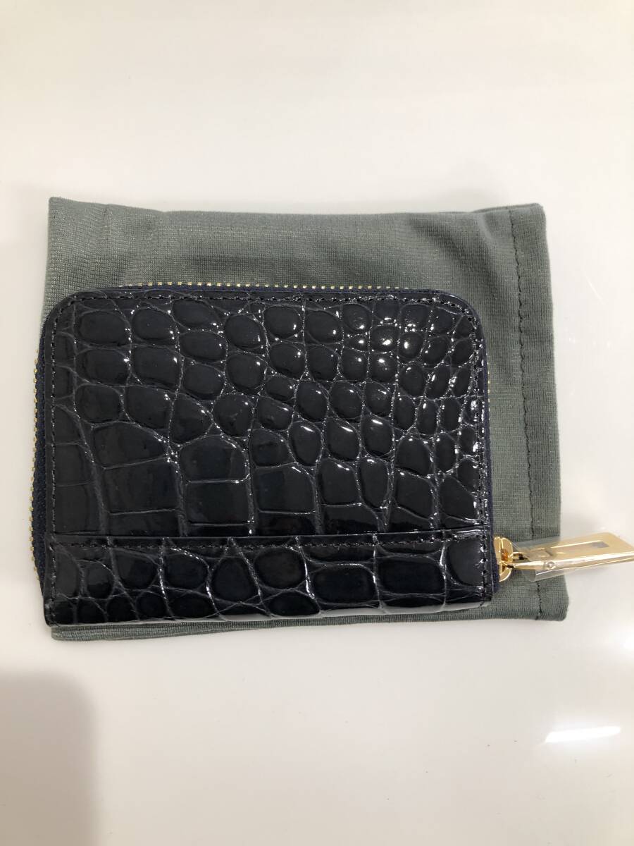 HB5410　クロコダイル ミニ財布 ラウンドファスナー 小銭入れ コインケース ワニ革 レザー ネイビーグレー系 専用袋・箱付き 未使用品_画像2