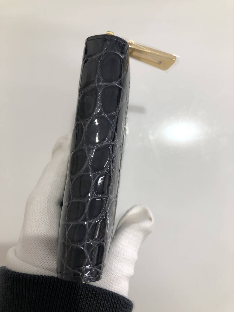 HB5410　クロコダイル ミニ財布 ラウンドファスナー 小銭入れ コインケース ワニ革 レザー ネイビーグレー系 専用袋・箱付き 未使用品_画像6