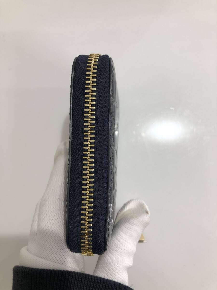 HB5410　クロコダイル ミニ財布 ラウンドファスナー 小銭入れ コインケース ワニ革 レザー ネイビーグレー系 専用袋・箱付き 未使用品_画像4