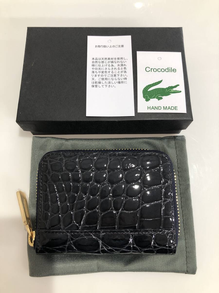 HB5410　クロコダイル ミニ財布 ラウンドファスナー 小銭入れ コインケース ワニ革 レザー ネイビーグレー系 専用袋・箱付き 未使用品_画像1