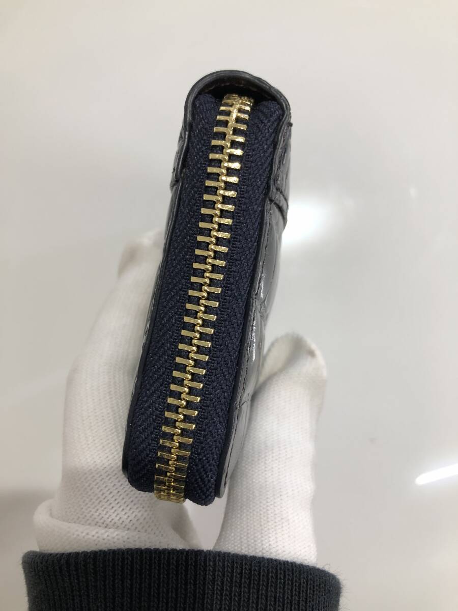 HB5411　クロコダイル ミニ財布 ラウンドファスナー 小銭入れ コインケース ワニ革 レザー ネイビーグレー系 専用袋・箱付き 未使用品_画像5