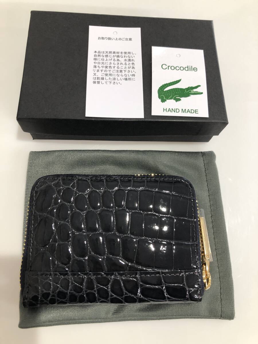 HB5411　クロコダイル ミニ財布 ラウンドファスナー 小銭入れ コインケース ワニ革 レザー ネイビーグレー系 専用袋・箱付き 未使用品_画像1