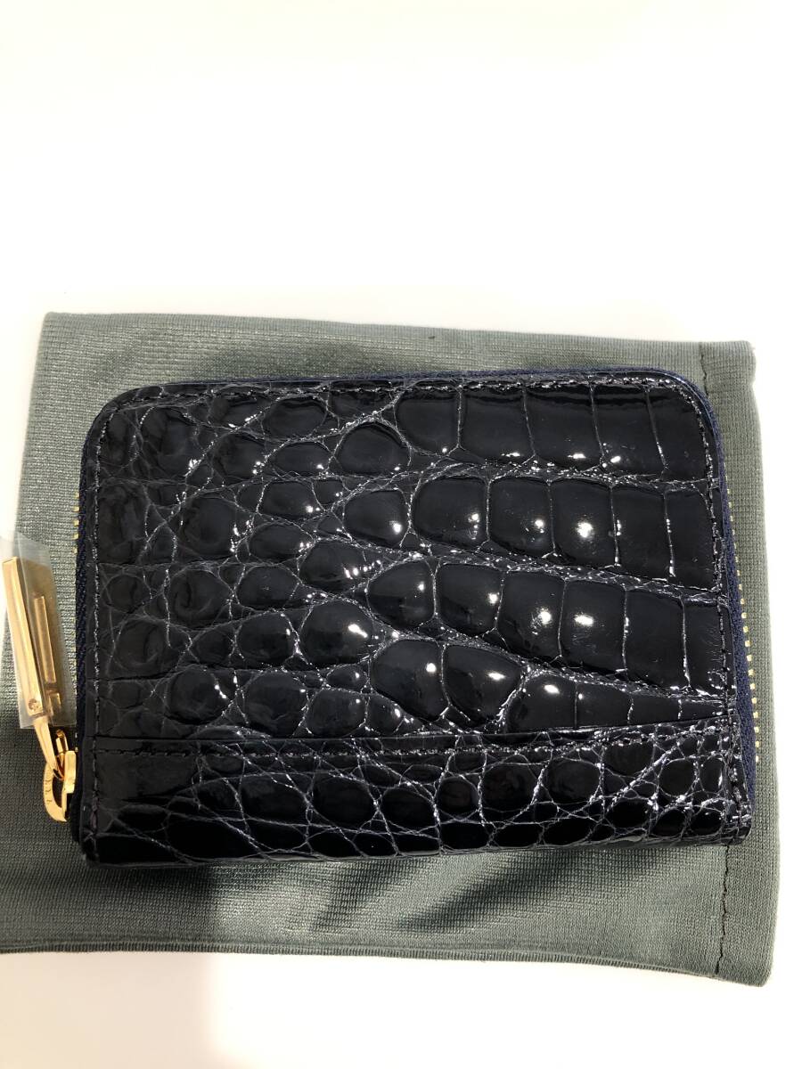 HB5411　クロコダイル ミニ財布 ラウンドファスナー 小銭入れ コインケース ワニ革 レザー ネイビーグレー系 専用袋・箱付き 未使用品_画像2