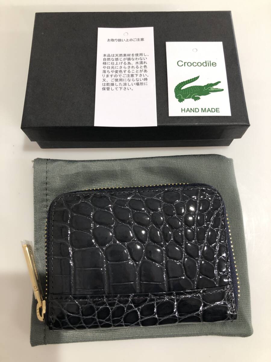 HB5413 クロコダイル ミニ財布 ラウンドファスナー 小銭入れ コインケース ワニ革 レザー ネイビーグレー系 専用袋・箱付き 未使用品_画像1