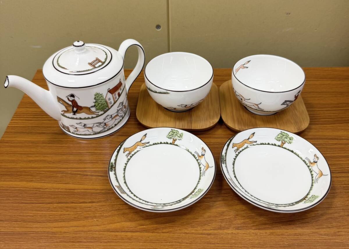 WEDGWOOD ウェッジウッド HUNTING SCENES ハンティングシーン 5点 まとめ ティーポット ジャパニーズティーカップ&ソーサー 湯呑み_画像1