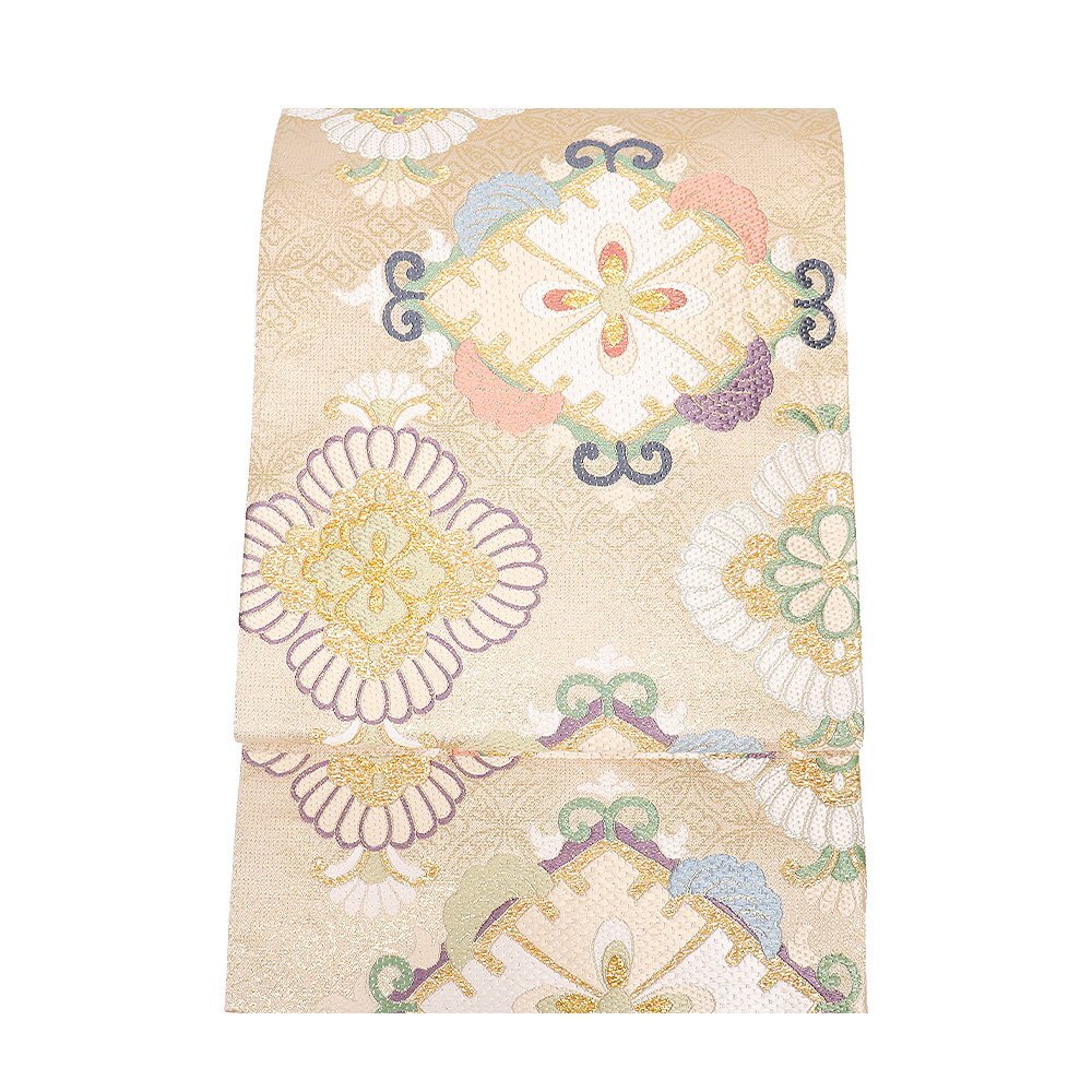 礼装用 袋帯 正絹 織宝 金 金糸通し 金箔 唐織 華文 花菱文 Mサイズ F8390 美品 レディース シルク ギフト フォーマル 送料無料_画像2