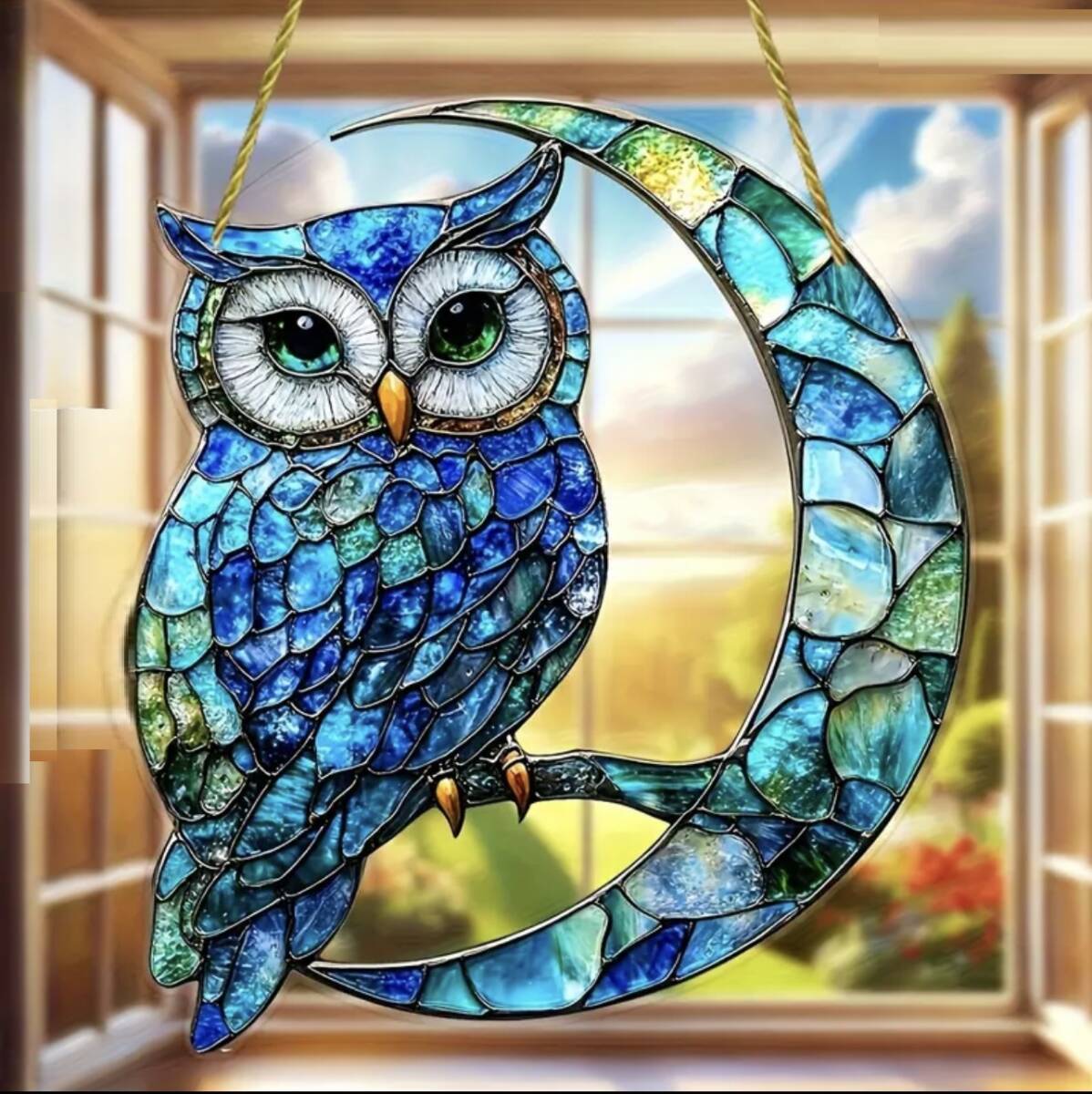 ステンドグラス風 【月光フクロウ ２Dプレート 8x8】 梟 不苦労 福郎 縁起物 風水 装飾品 飾り インテリア オブシェ 可愛い ステンドガラス_画像2