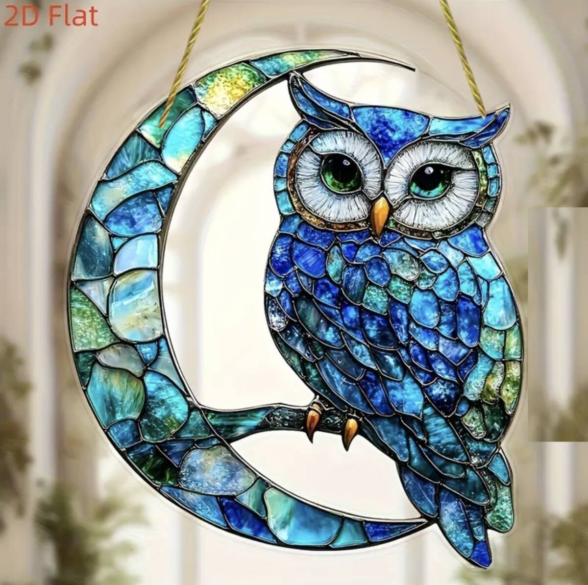 ステンドグラス風 【月光フクロウ ２Dプレート 8x8】 梟 不苦労 福郎 縁起物 風水 装飾品 飾り インテリア オブシェ 可愛い ステンドガラス_画像3
