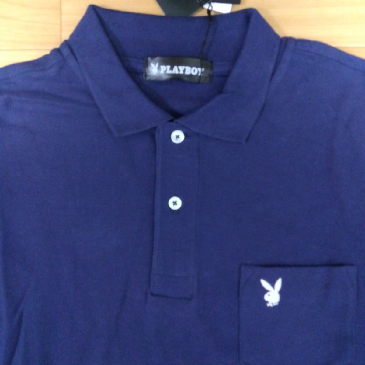 L プレイボーイPLAYBOY 新品 長袖ポロシャツ 襟付きシャツ 紺 メンズ紳士 アウトドア スポーツゴルフウェア 胸ポケット 旅行 ウサギ 綿100%_画像2