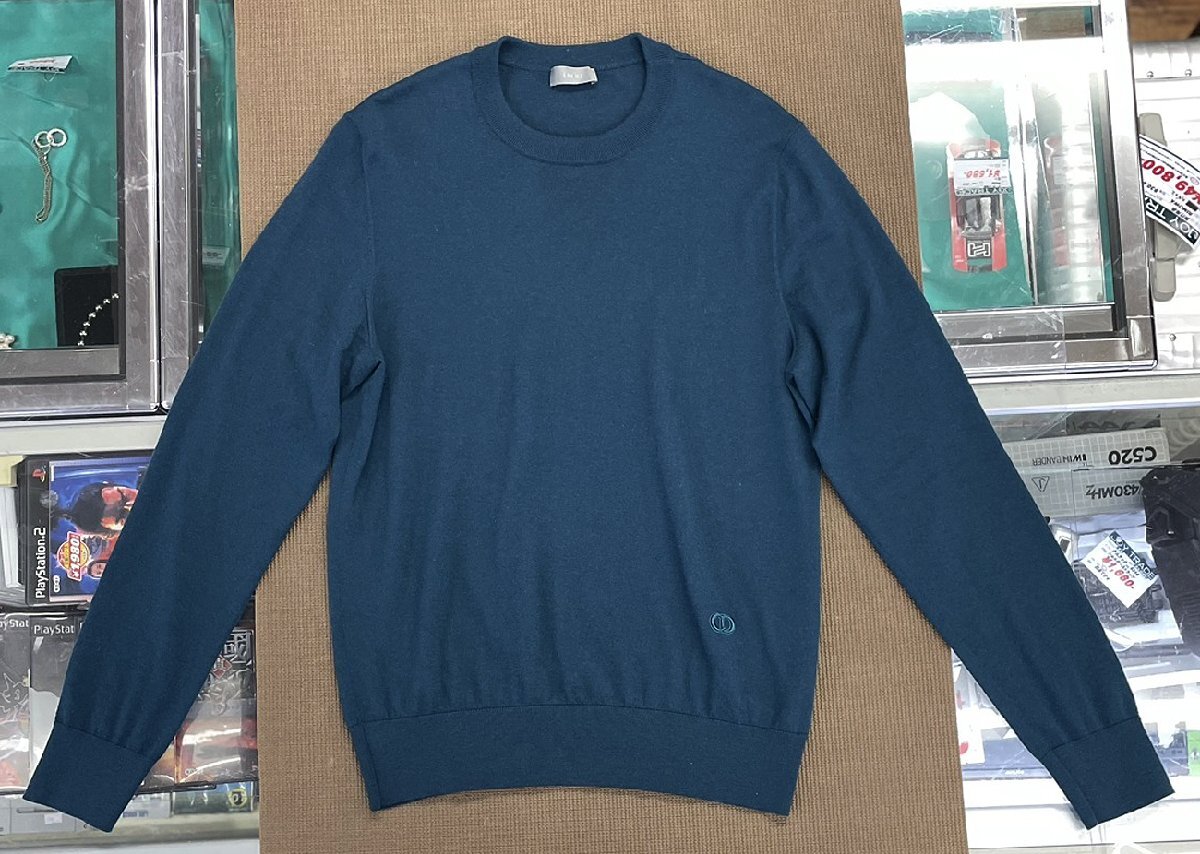 超美品 DIOR 113M647AT220 CDロゴ刺繍 カシミヤ ニット Sサイズ グリーン系 クルーネック セーター 薄手 ディオール_画像1