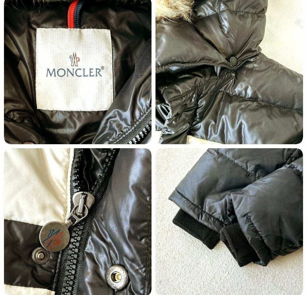 美品即決 モンクレール MONCLER リアルファー ダウンジャケットフード付き 12a/152cm ブラック黒xホワイト白 送料無料_画像7