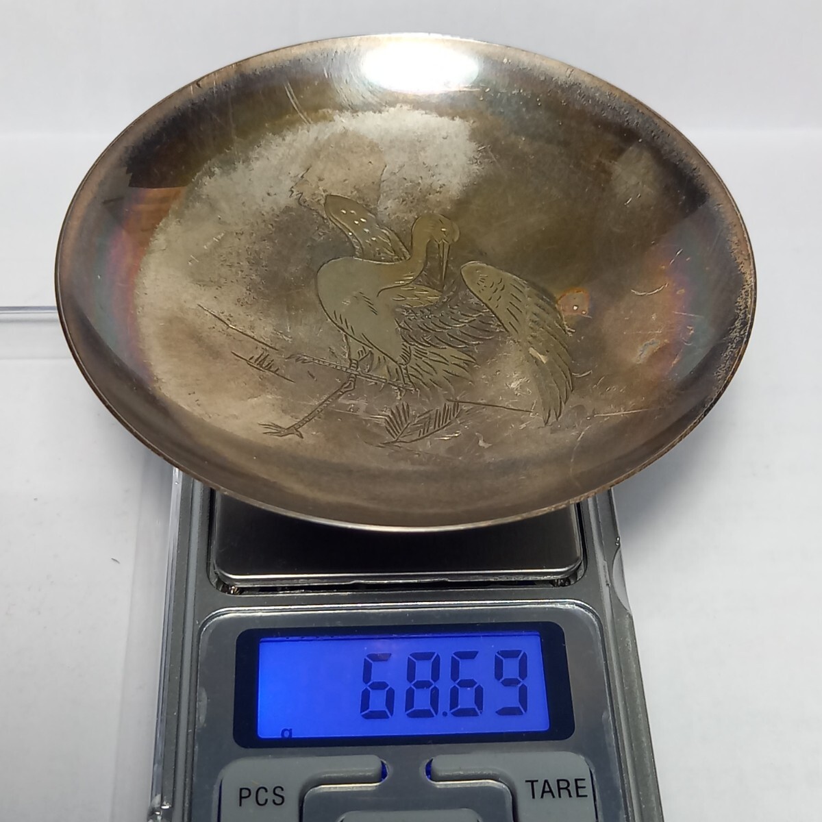 серебряный чашечка для сакэ журавль. map оригинальный серебряный 68.69g посуда для сакэ SILVER