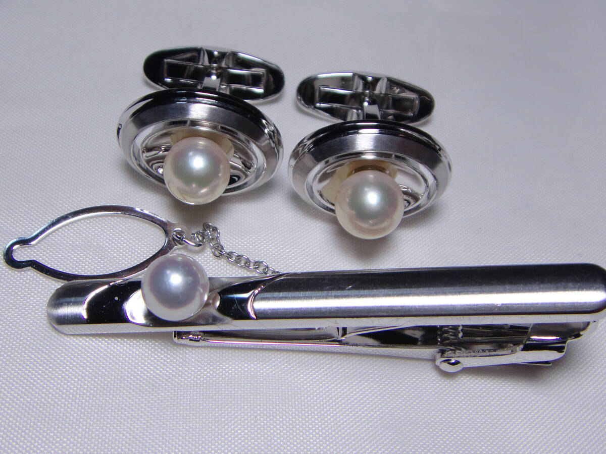  Akoya жемчуг книга@ жемчуг книга@ жемчуг запонки булавка для галстука 2 пункт . суммировать все блеск teli шар SILVER925 печать примерно 21.47g Vintage D723