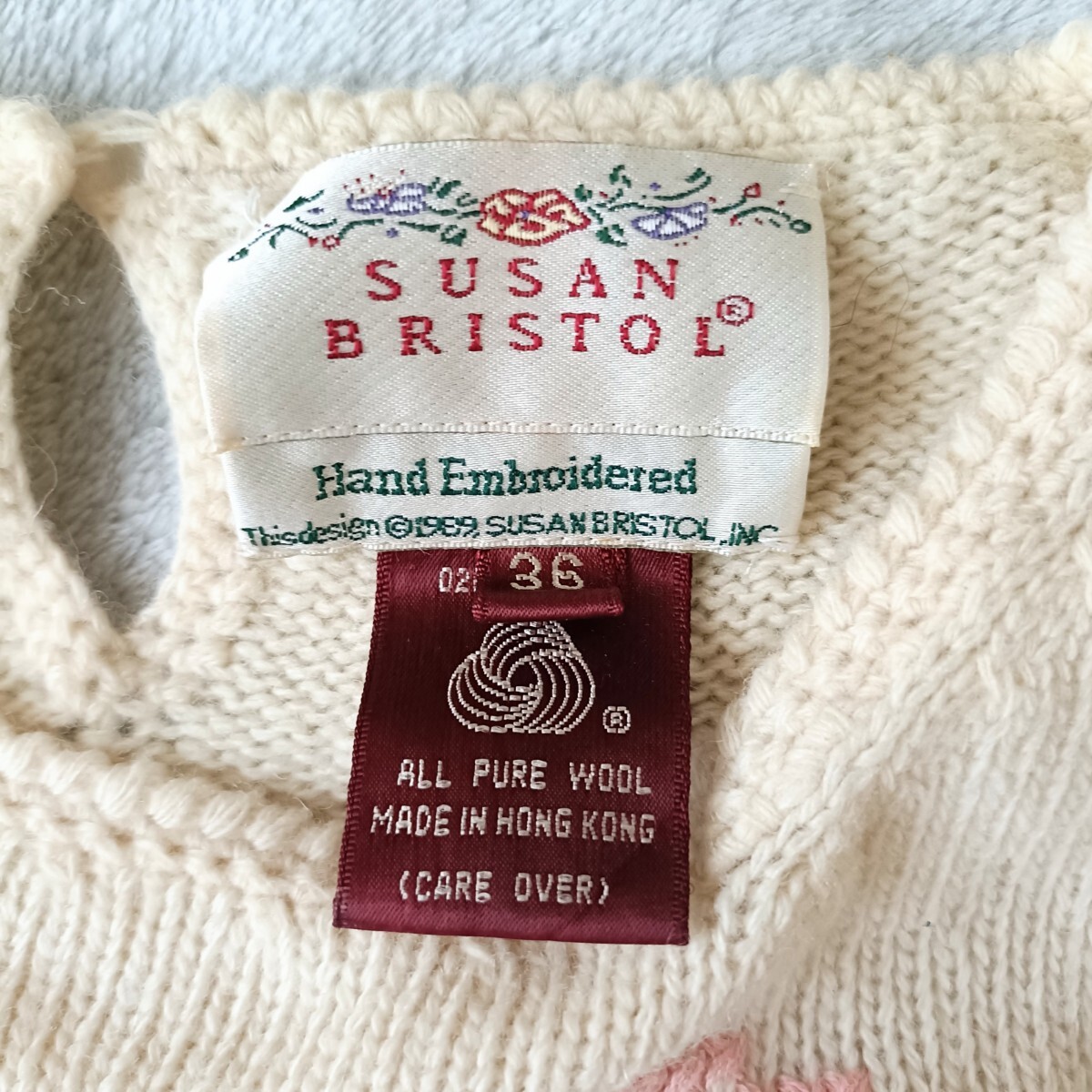 ハンドエンブロイダリー 花柄刺繍 ウールセーター アメリカ古着 クロスステッチ ニット ヴィンテージ 古着 レトロ ガーリー パフスリーブ_画像8