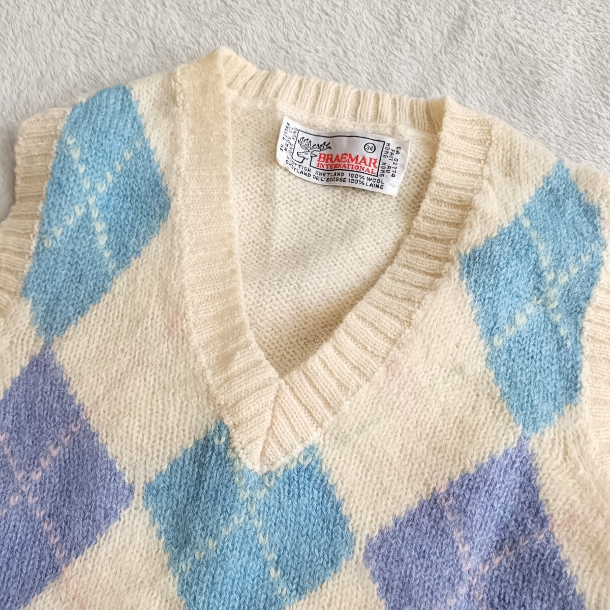 スコットランド シェットランドウール100% アーガイル Vネックニットベスト トラッド プレッピー レトロ ヨーロッパ古着 ユーロビンテージ_画像3