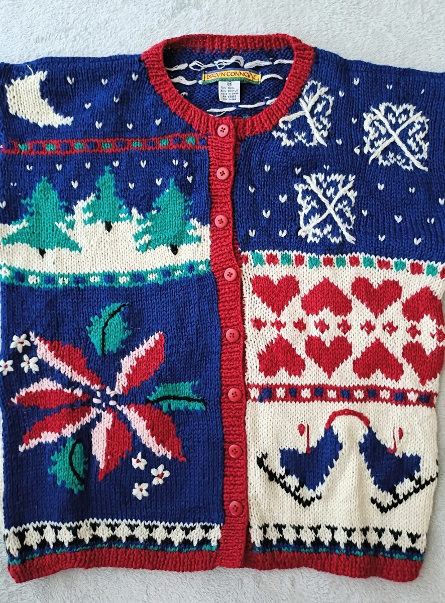ノルディックカーディガン パッチワーク風デザイン 80s〜90s ニットセーター ヴィンテージ アメリカ古着 ホリデーニット アグリーニット_画像6