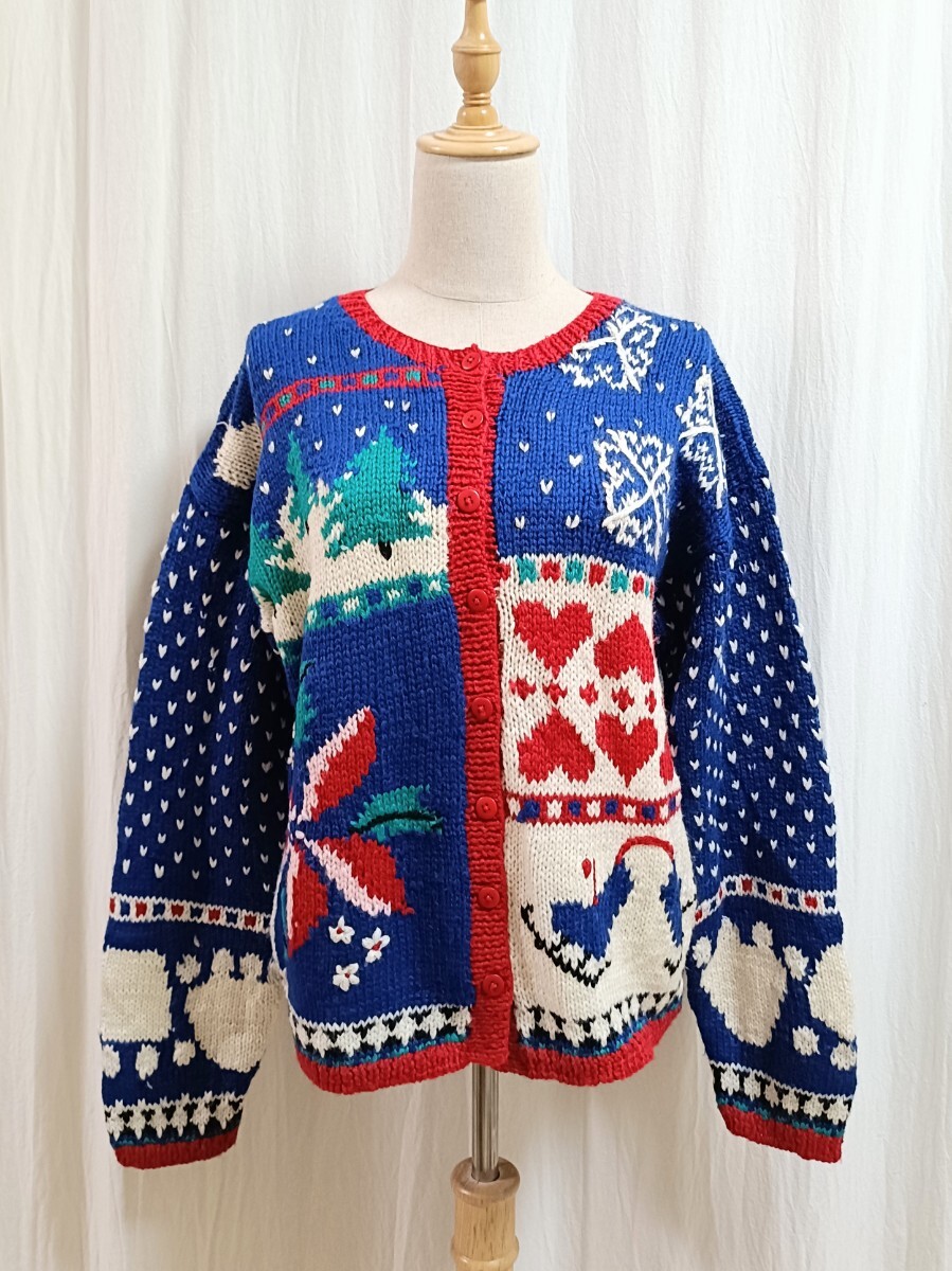 ノルディックカーディガン パッチワーク風デザイン 80s〜90s ニットセーター ヴィンテージ アメリカ古着 ホリデーニット アグリーニット_画像8