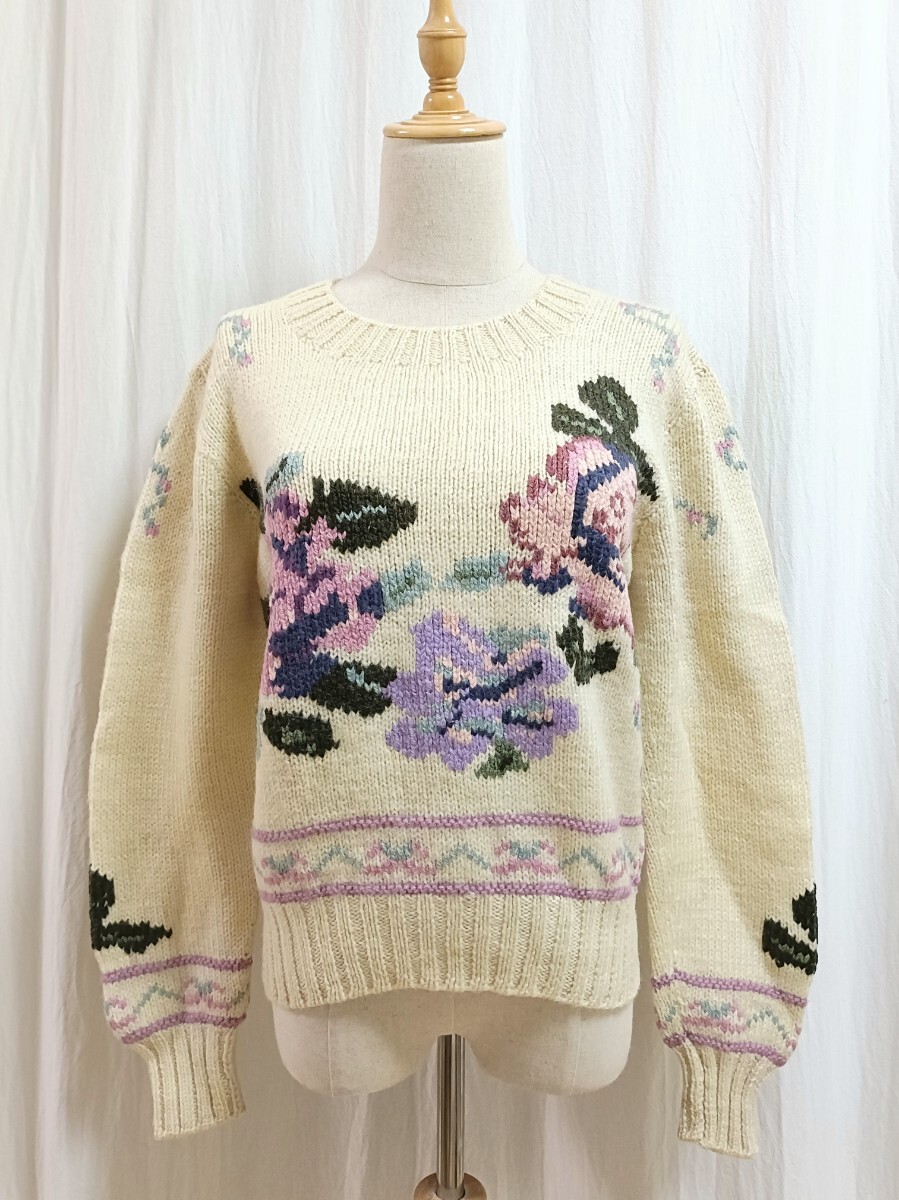 ウルグアイ製 花柄ウールニットセーター 薔薇 ローズ ハンドニット セーター 古着 ヴィンテージ ウール インポート古着 ローゲージ レトロ_画像7