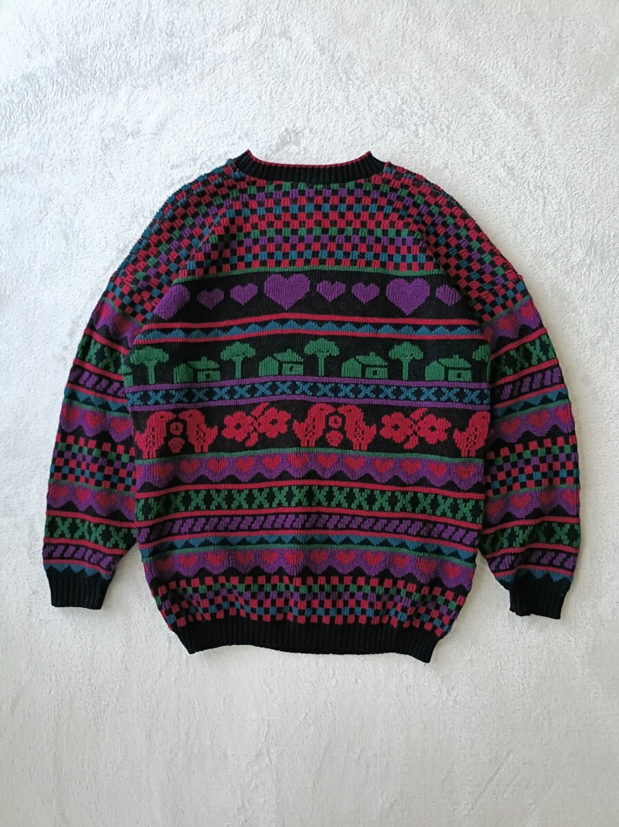 アメリカ古着 個性派 80s 90s 総柄ニットセーター ビッグシルエット レトロ ヴィンテージ マルチカラー 幾何学 ハート アニマル柄 ゆったり_画像3