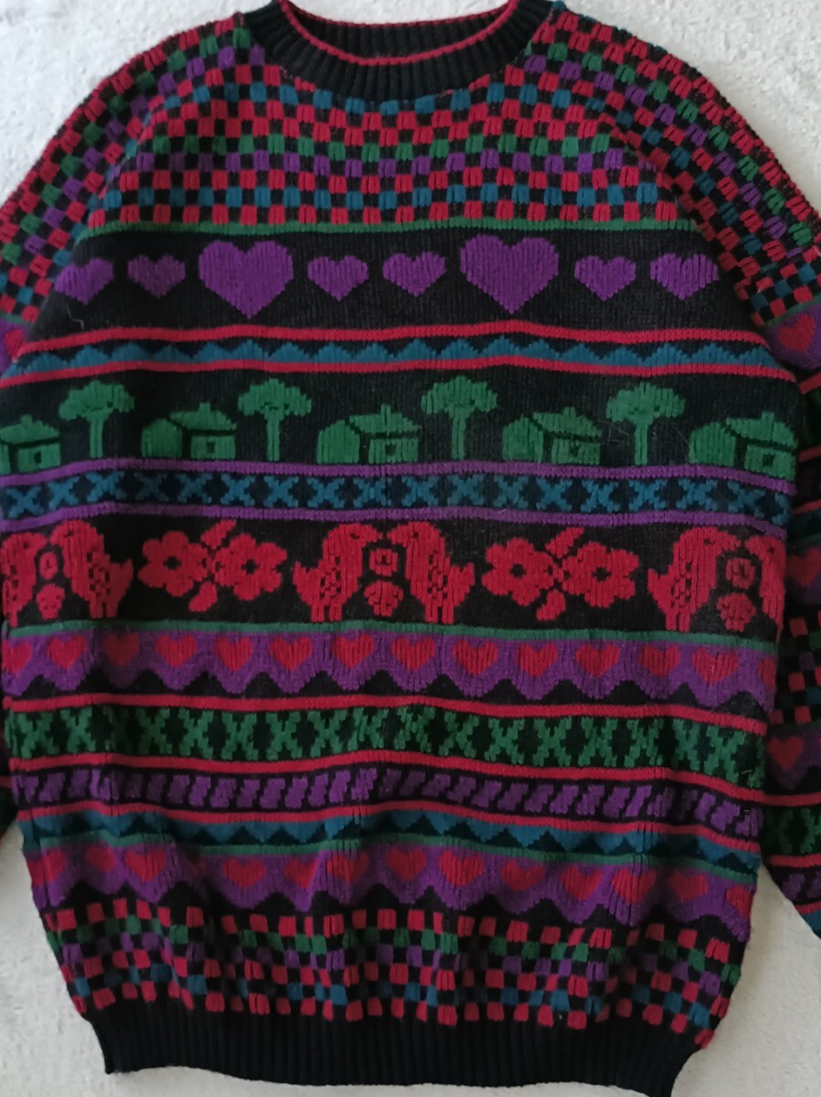 アメリカ古着 個性派 80s 90s 総柄ニットセーター ビッグシルエット レトロ ヴィンテージ マルチカラー 幾何学 ハート アニマル柄 ゆったり_画像6